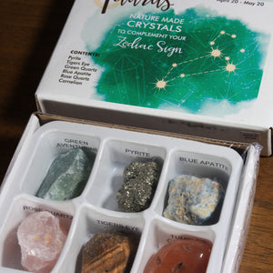 The inside of the Taurus natural crystals from Rock Paradise, which includes six crystals in a plastic tray.