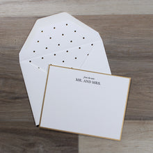 Load image into Gallery viewer, "from the new Mr. and Mrs" note card set from Sugar Paper, included in the "Mr & Mrs" wedding gift box. Flat card with "from the new mr and mrs" printed in letterpress across the top, on top of an open envelope with polka dot lining