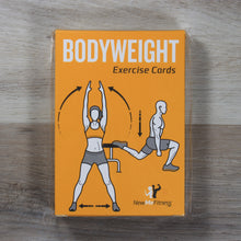 Load image into Gallery viewer, A photo of a yellow box that reads "Bodyweight Exercise Cards", with diagrams of a woman doing jumping jacks and a man doing lunges.