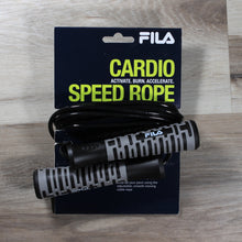Load image into Gallery viewer, A photo of a jump rope with grey handles wrapped around a cardboard hanger that says "Cardio Speed Rope."