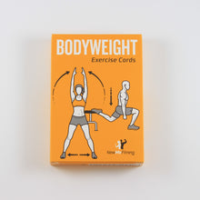 Load image into Gallery viewer, A photo of a yellow box that reads "Bodyweight Exercise Cards", with diagrams of a woman doing jumping jacks and a man doing lunges.