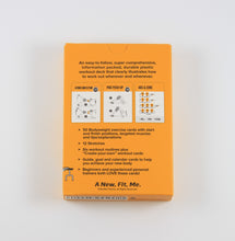 Load image into Gallery viewer, A photo of the back side a yellow box, which reads "An easy-to-follow, super comprehensive, information packed, durable plastic workout deck that clearly illustrates how to work out wherever and whenever." It has examples of three cards in the deck.
