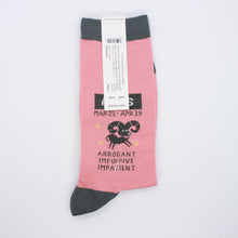 Load image into Gallery viewer, aries socks: pink socks with grey accents and aries astrology design