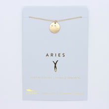 Load image into Gallery viewer, aries necklace: gold pendant necklace with engraved aries constellation on blue card packaging