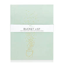 Load image into Gallery viewer, A mint green journal with a gold embossed bucket illustration. A band around the journal says "Bucket List, for your life's exciting adventures."