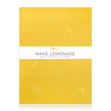 Load image into Gallery viewer, A yellow journal with gold embossed illustrations of lemons. A band around the journal says "Make Lemonade, when life gives you lemons."