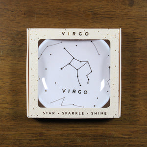 lucky feather cream colored ring dish with printed "virgo" and constellation map from virgo zodiac gift box