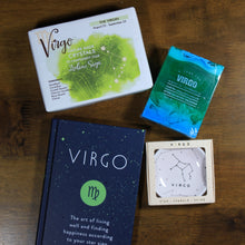 Load image into Gallery viewer, flat lay of what's your sign virgo zodiac gift box contents: zodiac crystals, soap, book and ring dish on wood table