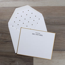 Load image into Gallery viewer, &quot;from the new Mr. and Mrs&quot; note card set from Sugar Paper, included in the &quot;Mr &amp; Mrs&quot; wedding gift box. Flat card with &quot;from the new mr and mrs&quot; printed in letterpress across the top, on top of an open envelope with polka dot lining