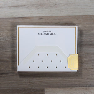 "from the new Mr. and Mrs" note card set from Sugar Paper, included in the "Mr & Mrs" wedding gift box