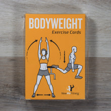 Load image into Gallery viewer, A photo of a yellow box that reads &quot;Bodyweight Exercise Cards&quot;, with diagrams of a woman doing jumping jacks and a man doing lunges.