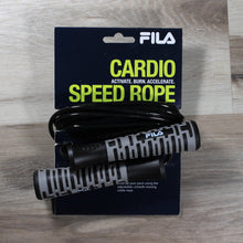 Load image into Gallery viewer, A photo of a jump rope with grey handles wrapped around a cardboard hanger that says &quot;Cardio Speed Rope.&quot;