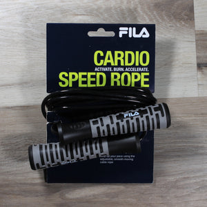 A photo of a jump rope with grey handles wrapped around a cardboard hanger that says "Cardio Speed Rope."