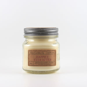 Mason Jar candle: an 8 oz mason jar with a metal cap, filled with off white wax, with a kraft paper label on the front that reads "Happily Ever After"