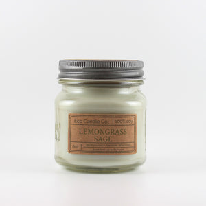 Mason Jar candle: an 8 oz mason jar with a metal cap, filled with light green wax, with a kraft paper label on the front that reads "Lemongrass Sage"