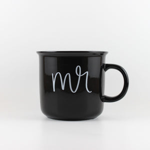Mr. ceramic mug from Sweet Water Decor. Black ceramic mug with "mr" printed on it in white letters