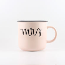 Load image into Gallery viewer, Mrs. ceramic mug from Sweet Water Decor. Light pink ceramic mug with &quot;mrs&quot; printed on it in black letters