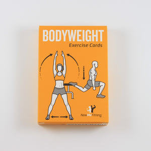 A photo of a yellow box that reads "Bodyweight Exercise Cards", with diagrams of a woman doing jumping jacks and a man doing lunges.