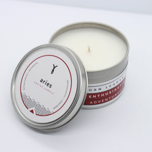 aries candle: tin candle with white and maroon label