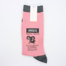 Load image into Gallery viewer, aries socks: pink socks with grey accents and aries astrology design