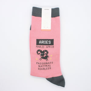 aries socks: pink socks with grey accents and aries astrology design