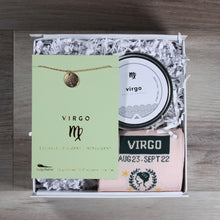 Load image into Gallery viewer, small Virgo gift box from Doromania. Box includes a Virgo disc necklace, a Virgo candle, and Virgo socks. These gifts are packaged in a white gift box with white crinkle paper.