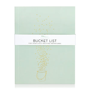 A mint green journal with a gold embossed bucket illustration. A band around the journal says "Bucket List, for your life's exciting adventures."