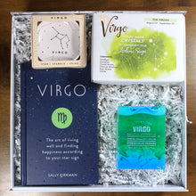 Load image into Gallery viewer, overhead view of what&#39;s your sign virgo zodiac gift box with crystals, soap, book and ring dish in white box with white crinkle paper