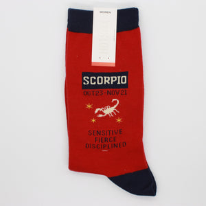 Scorpio zodiac socks from Hotsox. The socks are red with navy blue accents.