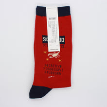 Load image into Gallery viewer, Scorpio zodiac socks from Hotsox. The socks are red with navy blue accents.